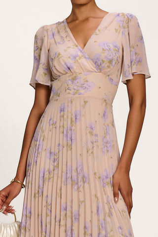 Chiffon Pleated Maxi Dress, Yellow Floral