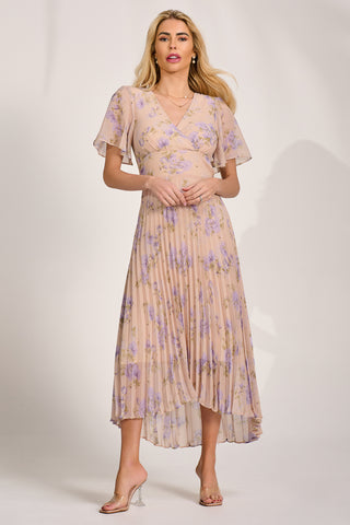 Chiffon Pleated Maxi Dress, Yellow Floral