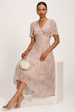 Chiffon Pleated Maxi Dress, Yellow Floral