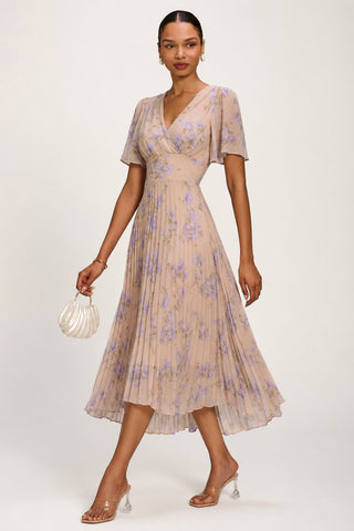 Chiffon Pleated Maxi Dress, Yellow Floral