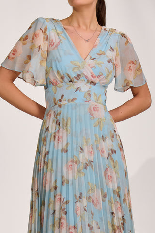 Chiffon Pleated Maxi Dress, Blue Floral