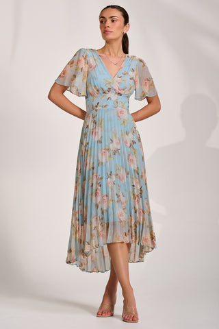 Chiffon Pleated Maxi Dress, Blue Floral