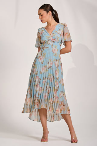 Chiffon Pleated Maxi Dress, Blue Floral