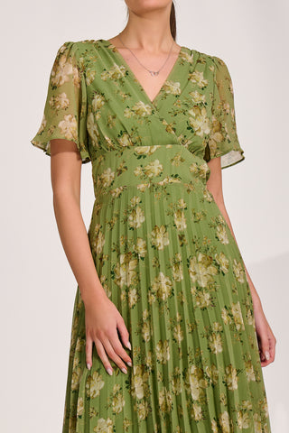 Chiffon Pleated Maxi Dress, Green Floral