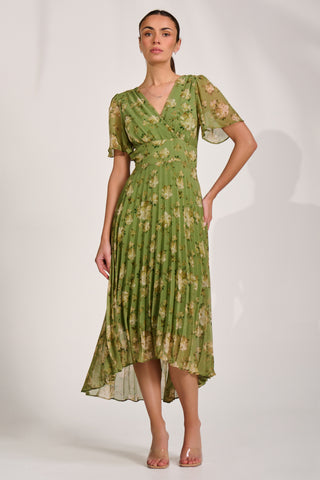 Chiffon Pleated Maxi Dress, Green Floral