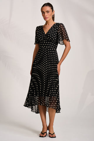 Pleated Chiffon Maxi Dress, Black Spot