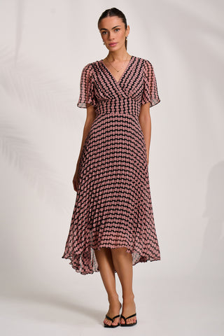 Pleated Chiffon Maxi Dress, Pink Geo