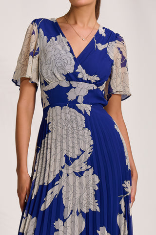 Pleated Chiffon Maxi Dress, Royal Blue Floral