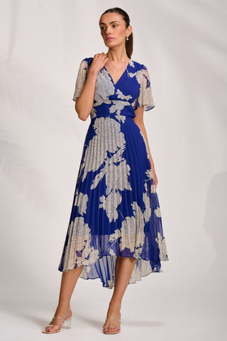 Pleated Chiffon Maxi Dress, Royal Blue Floral