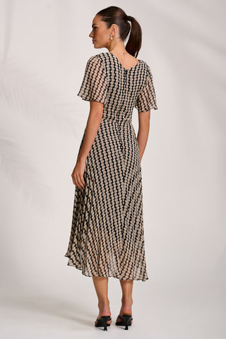 Pleated Chiffon Maxi Dress, Stone/Black