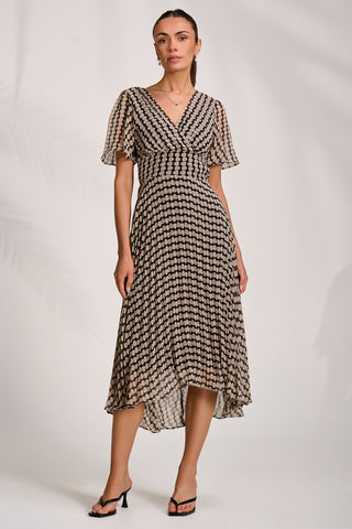 Pleated Chiffon Maxi Dress, Stone/Black