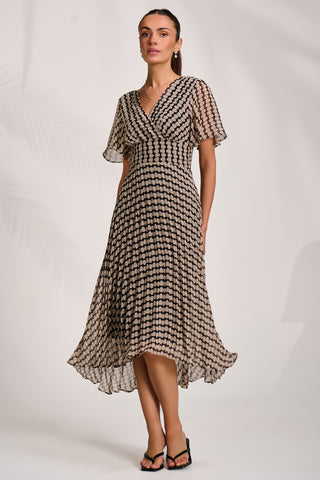 Pleated Chiffon Maxi Dress, Stone/Black