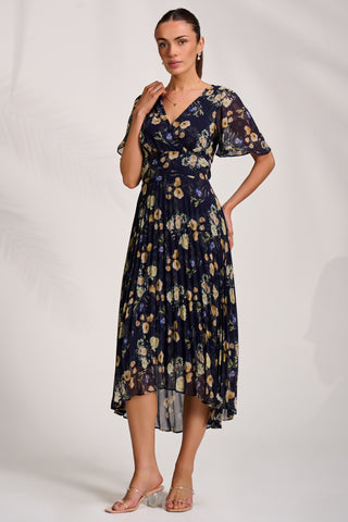 Pleated Chiffon Maxi Dress, Yellow Floral