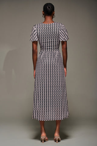 Mesh Short Sleeve Midaxi Dress, Black Geo