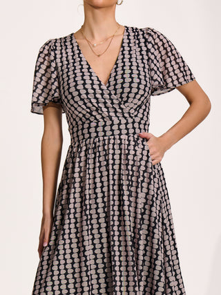 Mesh Short Sleeve Midaxi Dress, Black Geo