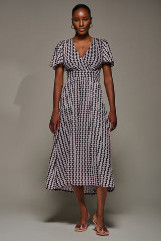 Mesh Short Sleeve Midaxi Dress, Black Geo