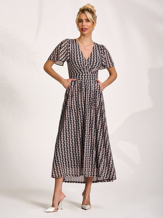 Mesh Short Sleeve Midaxi Dress, Black Geo