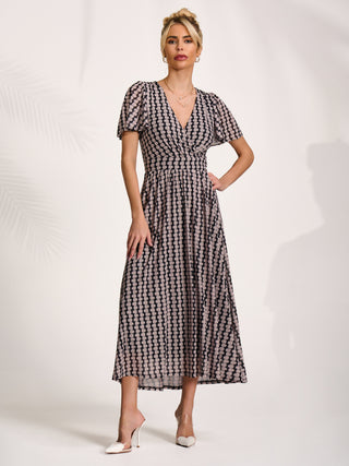 Mesh Short Sleeve Midaxi Dress, Black Geo