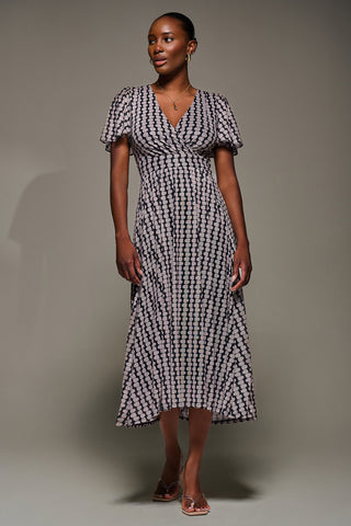 Mesh Short Sleeve Midaxi Dress, Black Geo