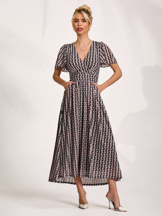 Mesh Short Sleeve Midaxi Dress, Black Geo