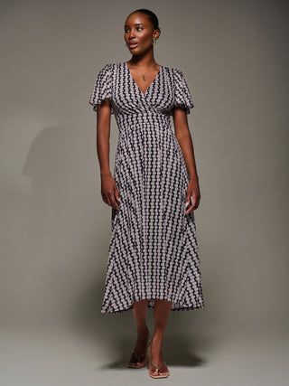 3/4 Sleeve Geo Shift Midi Dress, Black Geo