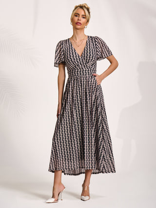 Mesh Short Sleeve Midaxi Dress, Black Geo