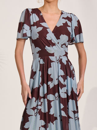 Mesh Short Sleeve Midaxi Dress, Brown Floral