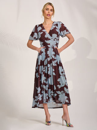Mesh Short Sleeve Midaxi Dress, Brown Floral