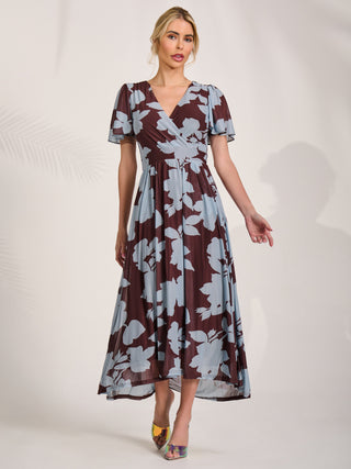 Mesh Short Sleeve Midaxi Dress, Brown Floral