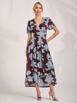 Mesh Short Sleeve Midaxi Dress, Brown Floral