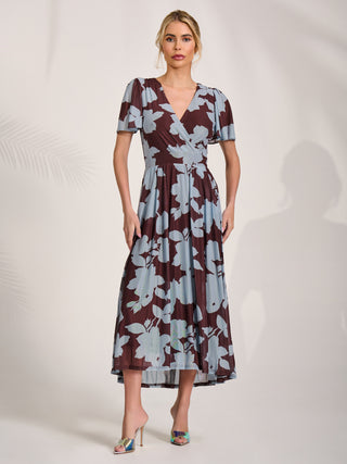 Mesh Short Sleeve Midaxi Dress, Brown Floral