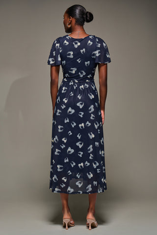 Mesh Short Sleeve Midaxi Dress, Navy Abstract