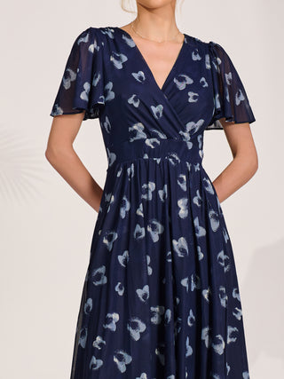 Mesh Short Sleeve Midaxi Dress, Navy Abstract