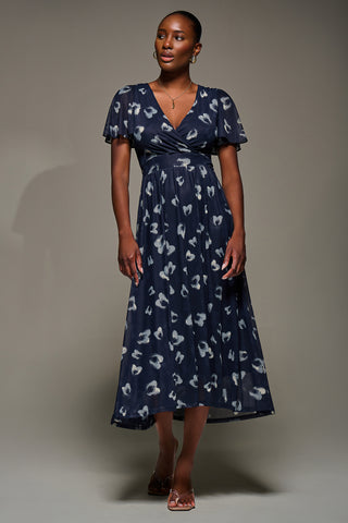 Mesh Short Sleeve Midaxi Dress, Navy Abstract