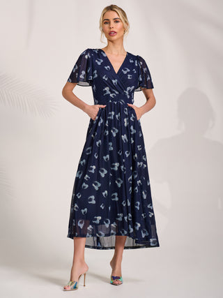 Mesh Short Sleeve Midaxi Dress, Navy Abstract