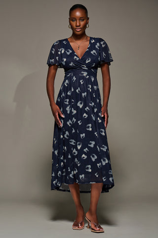 Mesh Short Sleeve Midaxi Dress, Navy Abstract