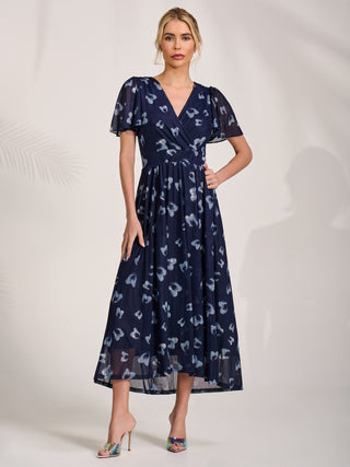 Mesh Short Sleeve Midaxi Dress, Navy Abstract