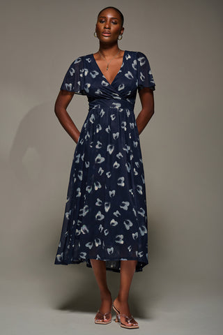 Mesh Short Sleeve Midaxi Dress, Navy Abstract