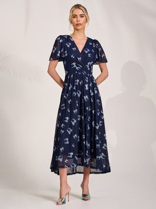 Mesh Short Sleeve Midaxi Dress, Navy Abstract