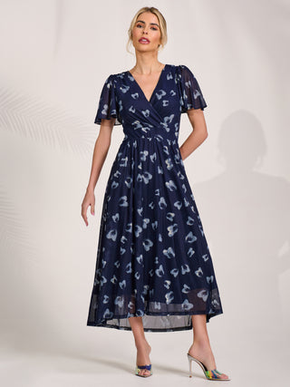 Mesh Short Sleeve Midaxi Dress, Navy Abstract