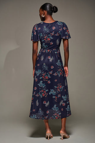 Mesh Short Sleeve Midaxi Dress, Navy Orange Multi