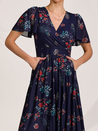 Mesh Short Sleeve Midaxi Dress, Navy Orange Multi