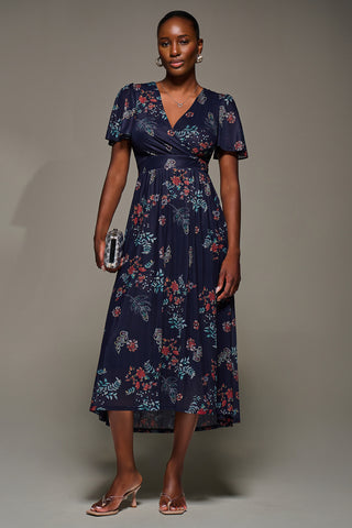 Mesh Short Sleeve Midaxi Dress, Navy Orange Multi