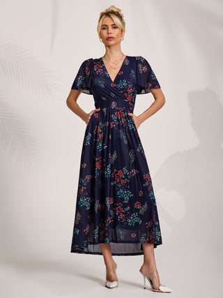 Mesh Short Sleeve Midaxi Dress, Navy Orange Multi