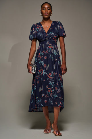 Mesh Short Sleeve Midaxi Dress, Navy Orange Multi