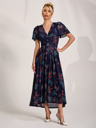 Mesh Short Sleeve Midaxi Dress, Navy Orange Multi