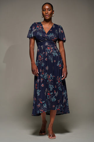 Mesh Short Sleeve Midaxi Dress, Navy Orange Multi