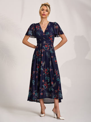 Mesh Short Sleeve Midaxi Dress, Navy Orange Multi