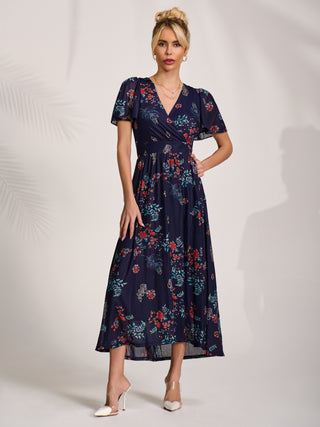 Mesh Short Sleeve Midaxi Dress, Navy Orange Multi