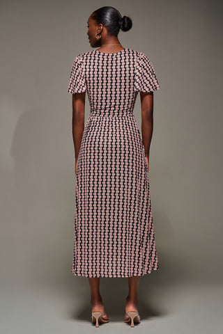 Mesh Short Sleeve Midaxi Dress,Pink Geo